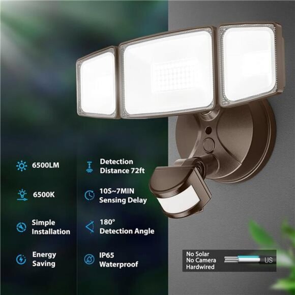 65W LED Security Lights Motion Sensor Light Outdoor,6500LM,6500K,IP65 Waterproof - Picture 2 of 7
